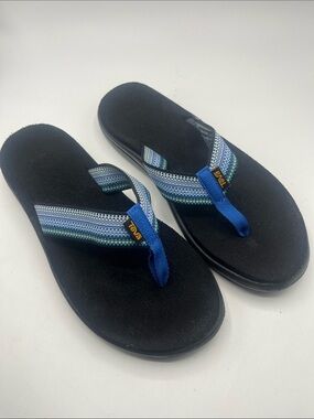 Teva Women’s Black Flip Sandals with Blue Striped Straps